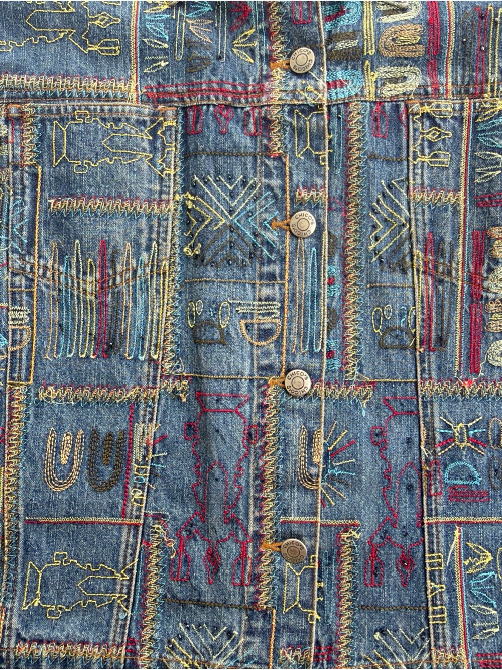 Chico's Multicolor Embroidered Tribal Blue Denim Jacket Size 3/ XL? - Picture 6 of 16